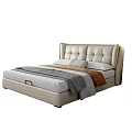 Modern Double Bed With Upholstered Headboard Button Tufted Design And Gray Orange Bedding 3d model