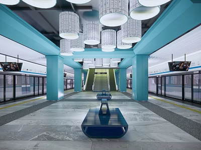 Modern Subway Station With Turquoise Columns White Pendant Lights Marble Floor Escalator Glass Doors 3d model