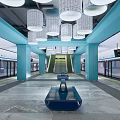 Modern Subway Station With Turquoise Columns White Pendant Lights Marble Floor Escalator Glass Doors