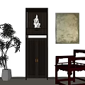 Chinese Style Dark Brown Buddhist Shrine Cabinet With White Buddha Statue And Golden Handles