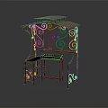 Decorative Metal Structure With Ornate Curved Scroll Ironwork Top Shelf And Lower Shelving