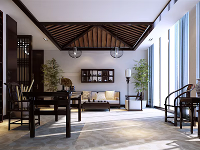 Traditional Chinese Clubhouse Interior Design With Wooden Beams Hanging Lanterns And Bamboo Plants 3d model