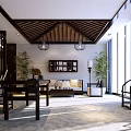 Traditional Chinese Clubhouse Interior Design With Wooden Beams Hanging Lanterns And Bamboo Plants