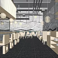 Japanese Inspired Restaurant Interior With Wooden Lanterns Mountain Mural And Wooden Tables Chairs