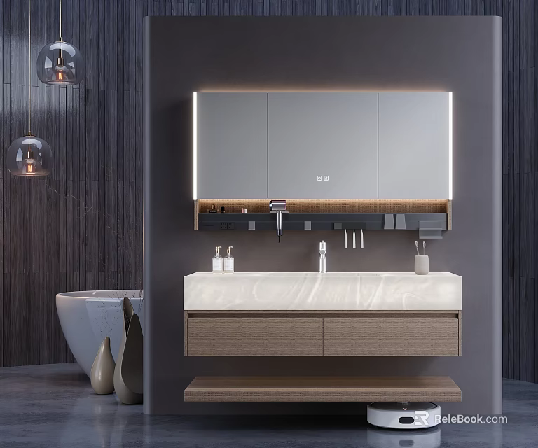 Modern Bathroom Vanity Cabinet With Mirror Storage Countertop And LED Lighting 3d model 