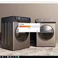 Two Modern Washing Machines With Transparent Circular Doors Silver Black Finish And Digital Controls