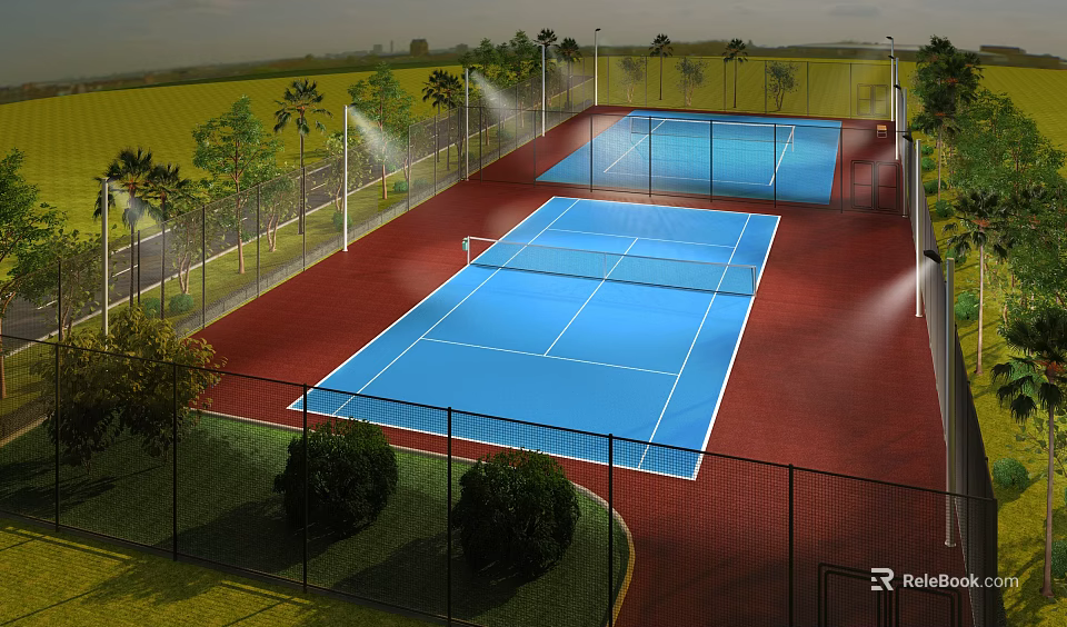 Sports Fitness Outdoor Area With Two Blue Tennis Courts Fenced Lighting And Green Surroundings 3d model 