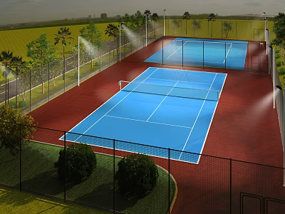 Sports Fitness Outdoor Area With Two Blue Tennis Courts Fenced Lighting And Green Surroundings 3d model