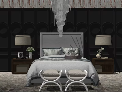 Background Double Bed With Gray Headboard Striped Pillows Nightstands Table Lamps And White Chairs 3d model