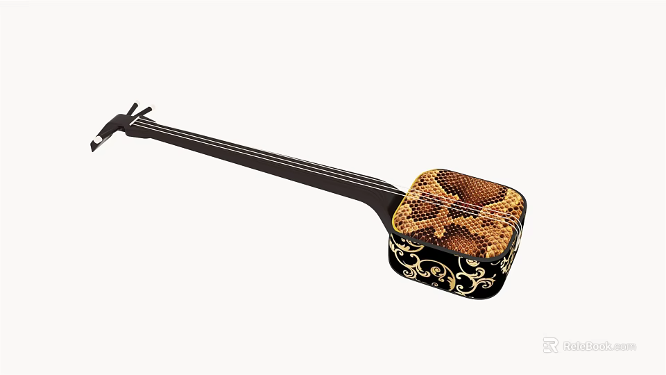 Traditional Chinese Musical Instrument with Snake Skin Resonator and Hand Painted Golden Patterns 3d model 