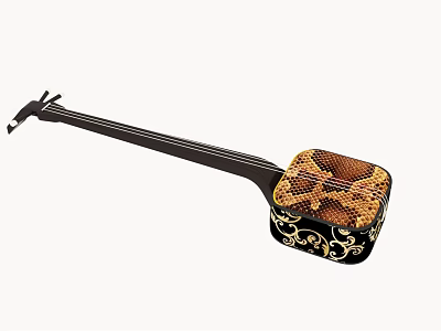 Traditional Chinese Musical Instrument with Snake Skin Resonator and Hand Painted Golden Patterns 3d model