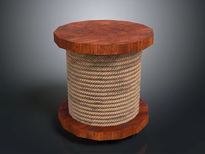 Wooden Stone Cylindrical Reel Featuring Coiled Rope And Circular Bases 3d model