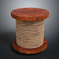 Wooden Stone Cylindrical Reel Featuring Coiled Rope And Circular Bases