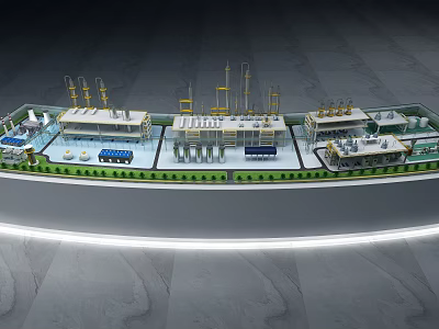 Industrial Refinery Miniature Model With Neat Layout Buildings Towers Pipelines Vehicles And Glowing Light Strip 3d model