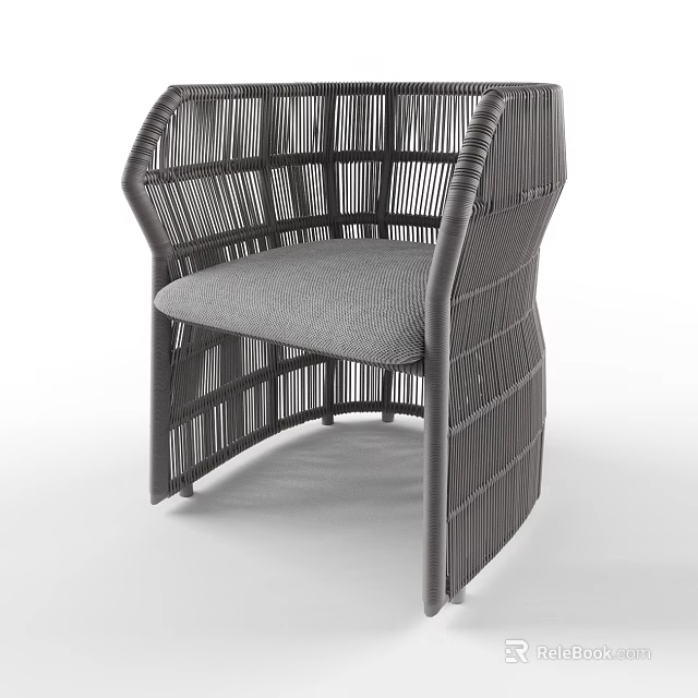 Modern Woven Rattan Leisure Chair with Dark Frame and Gray Cushion Design 3d model 