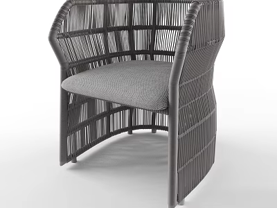 Modern Woven Rattan Leisure Chair with Dark Frame and Gray Cushion Design 3d model