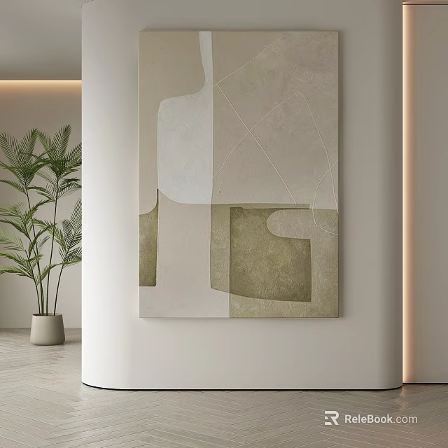 Soft Tones Abstract Painting With Geometric Shapes And Green Plant On White Wall Background 3d model 