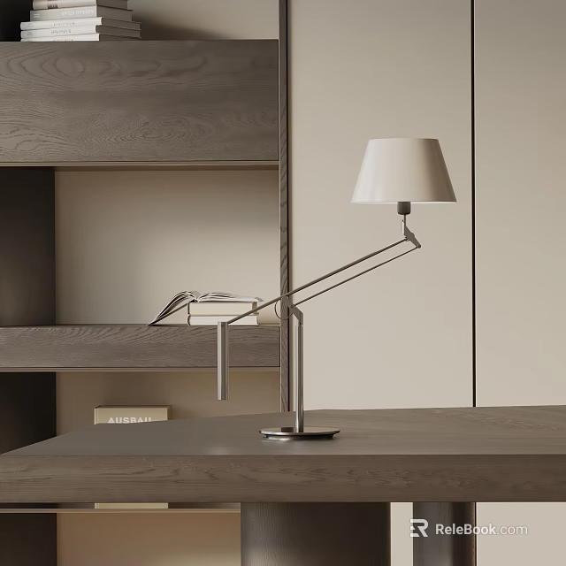 Modern Table Lamp With Adjustable Arm And White Lampshade On Wooden Desk Minimalist Interior 3d model 