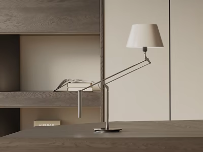 Modern Table Lamp With Adjustable Arm And White Lampshade On Wooden Desk Minimalist Interior 3d model