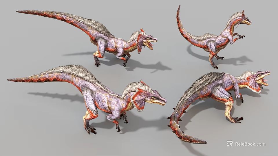 Game and Movie Dinosaur Character with Various Poses and Detailed Red White Design 3d model 