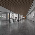 Modern Exhibition Hall Interior With Wooden Slat Ceiling Framed Artworks And Reception Desk