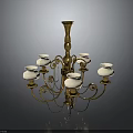 Ornate Golden Chandelier With White Glass Shades And Decorative Curved Arms For Home Decor