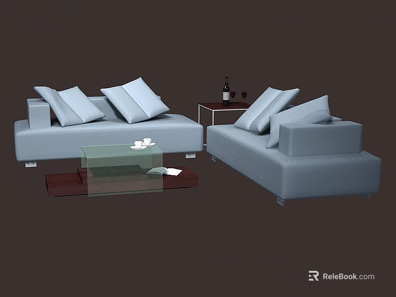 Gray Sectional Sofa Set with Pillows Glass Coffee Table and Wine Accessories 3d model