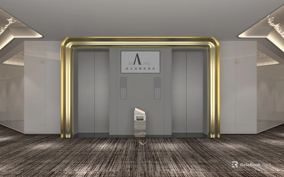 Modern Elevator Lobby With Golden Frame Elevator Doors Wall Sign And Carpeted Floor 3d model