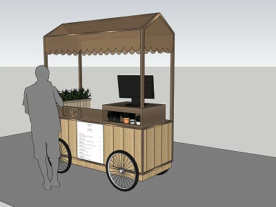 Wooden Food Cart With Canopy Menu Board Plants And Screen 3d model