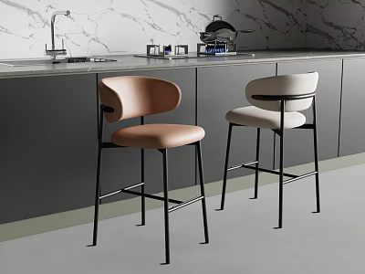 Tan and White Bar Stools with Backrest Metal Legs in Modern Kitchen Marble Countertop 3d model