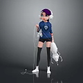 Game Movie Character Wearing Blue Hoodie Black Shorts Purple Hair Headphones and White Spider Plush