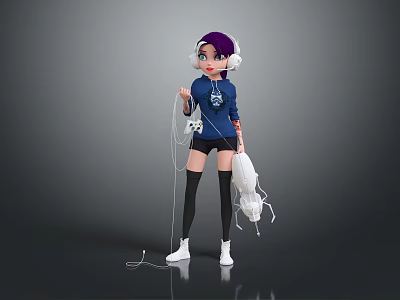 Game Movie Character Wearing Blue Hoodie Black Shorts Purple Hair Headphones and White Spider Plush 3d model