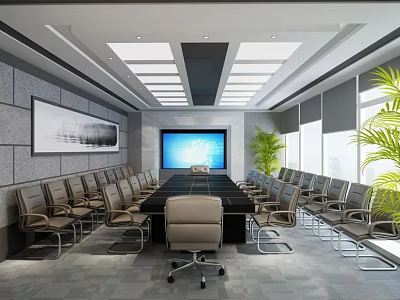 Modern Conference Room Interior Design With Long Table Large Screen Windows And Green Plants 3d model