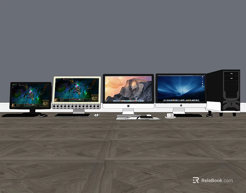 Multiple Computer Monitors With Different Display Screens And Desktop Tower 3d model