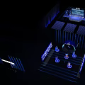 Futuristic Stage Setup With Large Screen Blue Lighting And Audience Seats 3d model