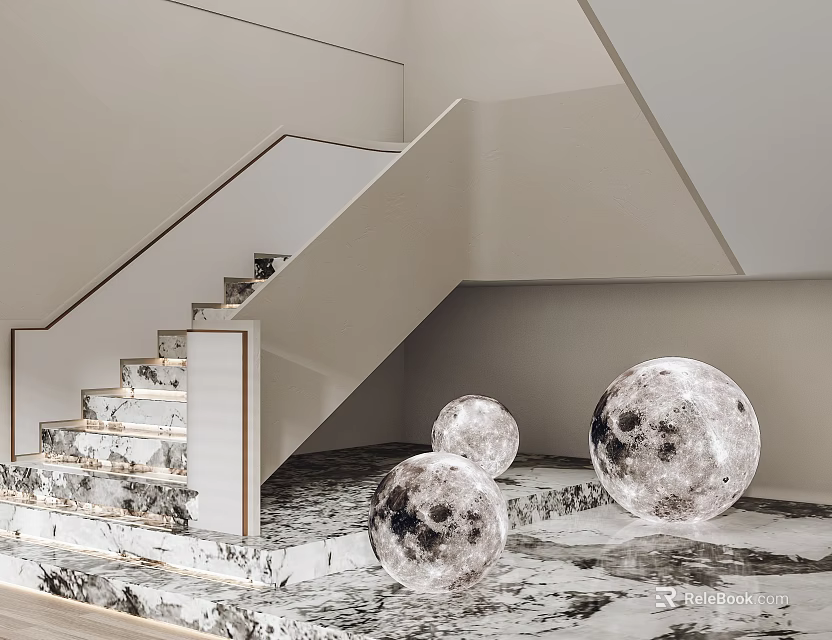 Modern Staircase Interior Design With White Walls Marble Steps And Moon Decorations 3d model 
