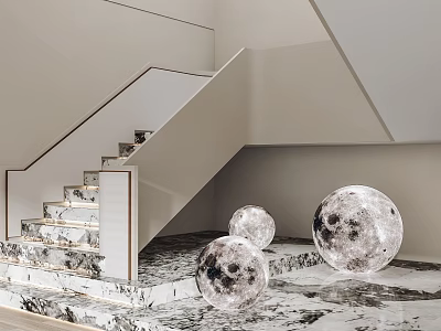 Modern Staircase Interior Design With White Walls Marble Steps And Moon Decorations 3d model