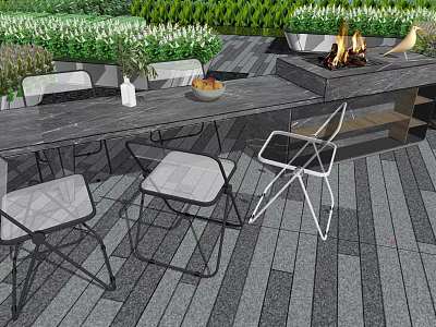 Modern Outdoor Bar Counter with Metal Chairs Table and Green Planters on Patio Deck 3d model