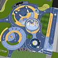 Colorful Kids Playground Design With Blue Yellow Flooring Circular Play Zones And Trees