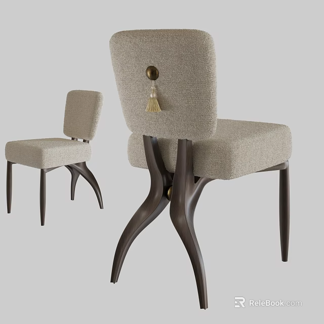 Elegant Dining Chairs With Beige Fabric Upholstery Decorative Tassel And Dark Wooden Legs 3d model 