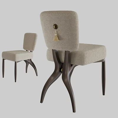 Elegant Dining Chairs With Beige Fabric Upholstery Decorative Tassel And Dark Wooden Legs 3d model