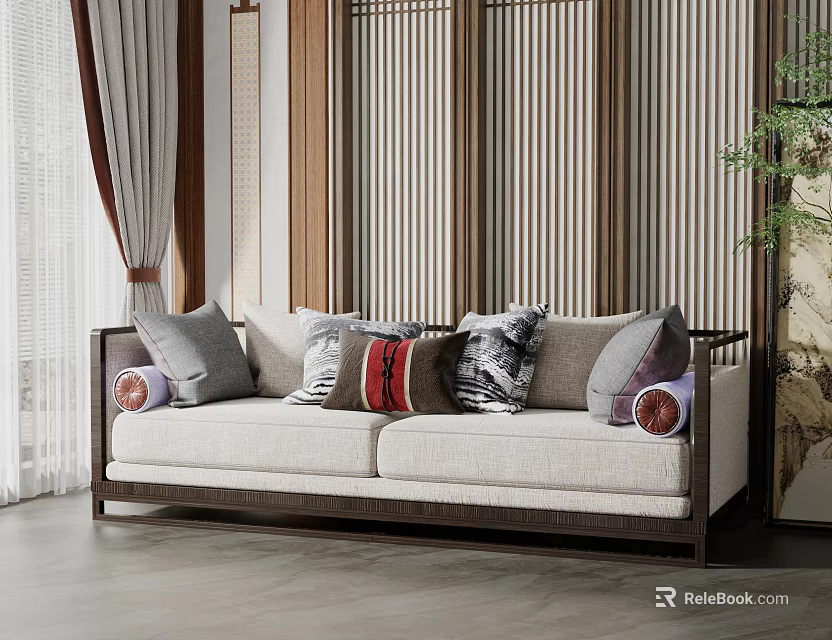 Two-seater Beige Sofa With Colorful Patterned Cushions Wooden Backdrop And Green Plant 3d model 