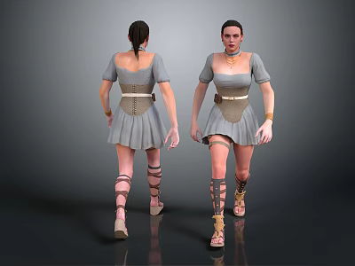 Two Female 3D Character Models Front Back Views Gray Dresses Brown Belts Leg Straps 3d model
