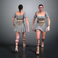 Two Female 3D Character Models Front Back Views Gray Dresses Brown Belts Leg Straps