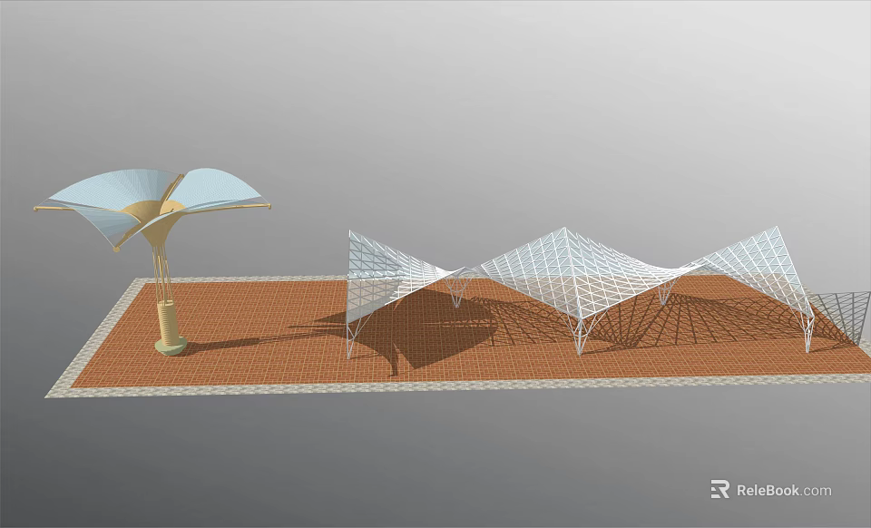 Modern Pergola With White Mesh Structure For Outdoor Garden On Red Brick Floor Shade Design 3d model 