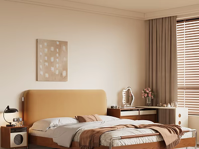 Cozy Double Bed with Yellow Headboard White Brown Bedding Nightstand Lamp Wall Art Brown Curtains 3d model