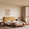 Cozy Double Bed with Yellow Headboard White Brown Bedding Nightstand Lamp Wall Art Brown Curtains