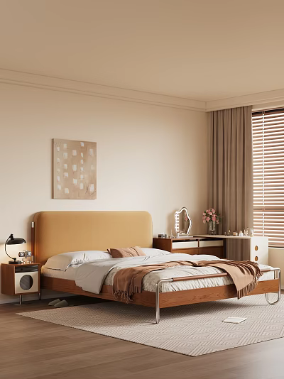 Cozy Double Bed with Yellow Headboard White Brown Bedding Nightstand Lamp Wall Art Brown Curtains 3d model