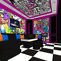 Colorful KTV Room Decor Graffiti Walls TVs Sofa Orange Blue Pillows Checkered Black White Floor
