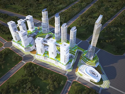 Aerial Planning of Modern Urban Area With High Rise Buildings Green Spaces and Circular Structure 3d model